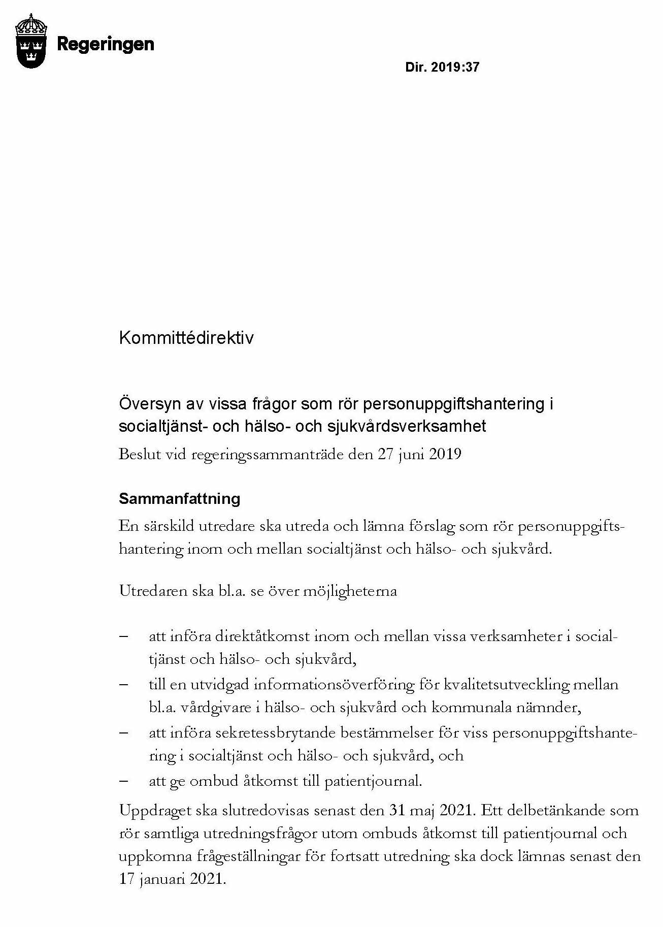 Bild på första sidan av utredningsdirektiven